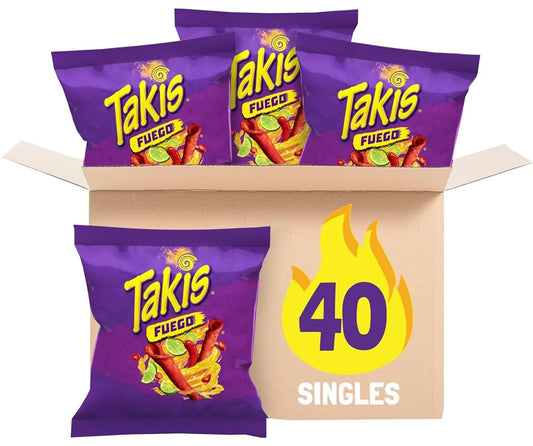 Takis Fuego 40 Count 1 oz Snack Size Multipack - Extreme Spicy Rolled Tortilla Chips Hot Chili Pepper & Lime Flavored