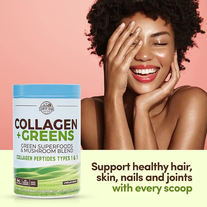 Country Farms Collagen Peptides Powder with Greens Dietary Powder Supplement (Type I, III) for Skin Hair Nail and Joints, Dairy/Sugar Free, Energizing Superfoods, Natural, 10.6 Oz 30 Servings