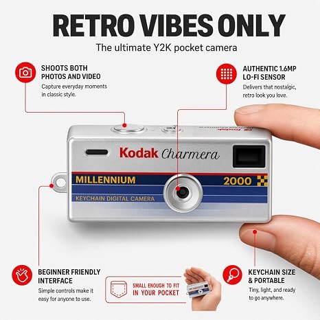 Kodak Charmera Keychain Digital Camera Blind Box, Millennium, Single Box 1PC – Bundled with Tudak Store Microfiber Cloth, 32GB MicroSD Card & Adapter – 1.6MP Digicam, Video, Gift for Teens & Adults