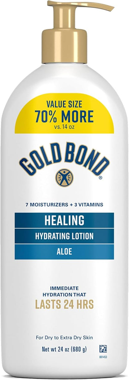 Gold Bond Healing Hydrating Body Lotion with Aloe, Moisturizer for Dry to Extra Dry Skin, 24-HR Hydration to Soothe & Comfort, Non-Greasy, Dermatologist-Tested, Light Scent, 24 Oz Family Size Pump
