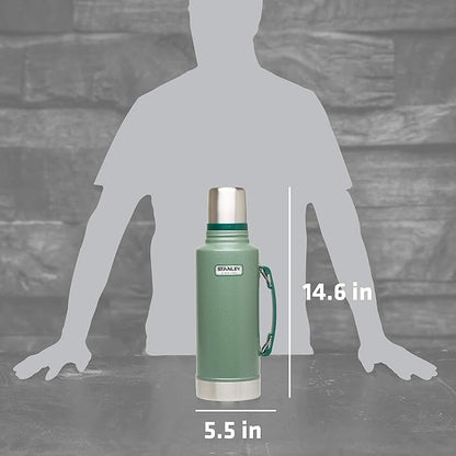 Stanley Heritage Classic Vacuum Bottle with Handle 2.0 qt | Wide Mouth with Leakproof Cup Lid | Keep Drinks Hot or Cold for Travel | Insulated Stainless Steel Thermal Bottle | Hammertone Green