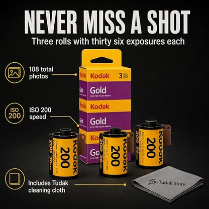 Kodak Gold 200 35mm Film Bundle, 3 Rolls, 36 Exposures Each, for 35mm Film Camera Includes Tudak Premium Microfiber Cloth