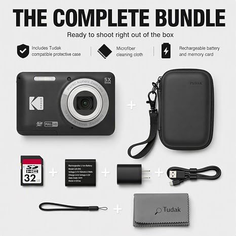 Kodak PIXPRO FZ55 Red 16MP CMOS Sensor Digital Camera 5X Optical Zoom 28mm Wide Angle 1080P Full HD Video 2.7" LCD Vlogging Camera Bundle with Tudak Compatible Case, 32GB SD Card & Microfiber Cloth