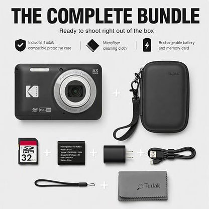 Kodak PIXPRO FZ55 Black 16MP CMOS Sensor Digital Camera 5X Optical Zoom 28mm Wide Angle 1080P Full HD Video 2.7" LCD Vlogging Camera Bundle with Tudak Compatible Case, 32GB SD Card & Microfiber Cloth