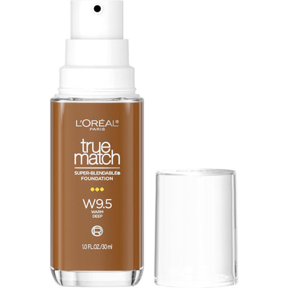 L'Oreal Paris True Match Super-Blendable Foundation, Medium Coverage Liquid Foundation Makeup with SPF 17, W9.5, Deep, 1 Fl Oz