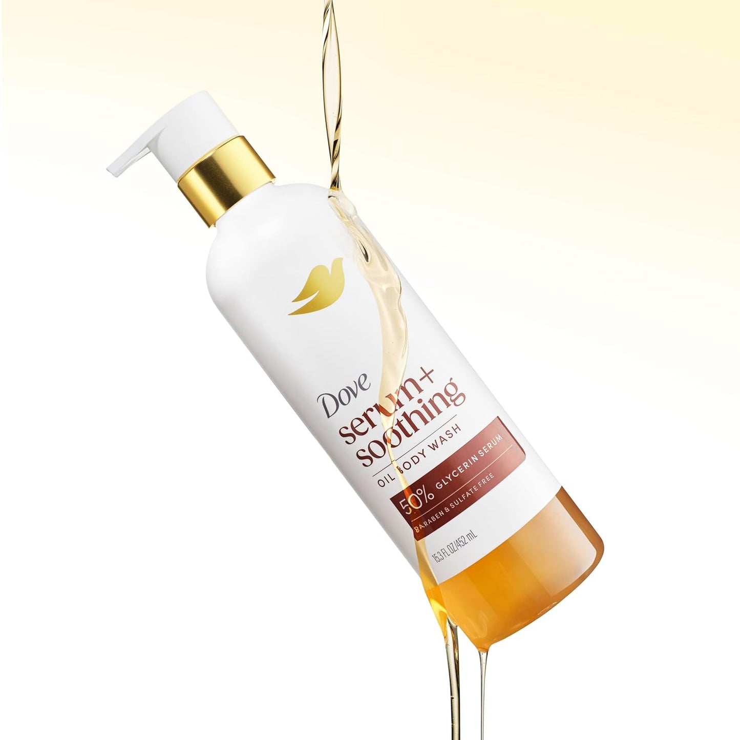 Dove Serum+ Shower Oil Body Wash Radiance, Jojoba & Monoi Flower, 15.3 fl oz I Hydrating shower oil body wash with glycerin serum for soft, radiant skin without greasy residue.