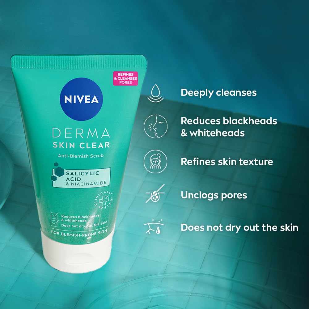 NIVEA Derma Skin Clear Anti-Blemish Peeling 150 ml – Exfoliating Clarifying Gel with Salicylic Acid, Sea Salt & Niacinamide for Pore-Refining Face & Body Care