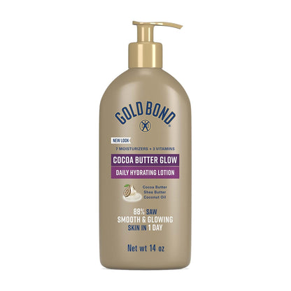 Gold Bond Cocoa Butter Glow Daily Hydrating Lotion for Gifting, 14 Oz | Body lotion with Shea Butter, Cocoa Butter & Coconut Oil, dermatologist-tested, no parabens, phthalates, dyes, 24hr moisture