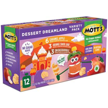 Mott’s No Sugar Added Dessert Dreamland Applesauce Variety Pack, 3.2 oz, 12 Count Clear Pouches