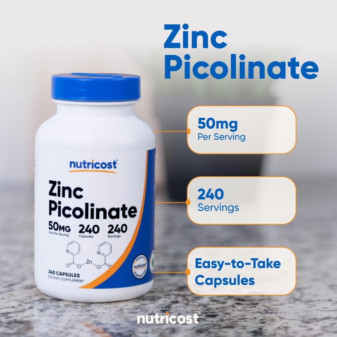 Nutricost Zinc Picolinate 50mg, 240 Vegetarian Capsules - Gluten Free and GMO-Free (240 Caps) (Pack of 2)