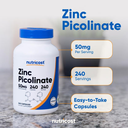 Nutricost Zinc Picolinate 50mg, 240 Vegetarian Capsules - Gluten Free and GMO-Free (240 Caps) (Pack of 2)