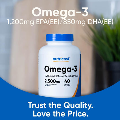 Nutricost Omega 3 Fish Oil - 2500MG, 120 Softgels (40 Serv) - Fish Oil, Wild Caught! 1200mg EPA 850mg DHA - Non-GMO, Gluten Free (Pack of 2)