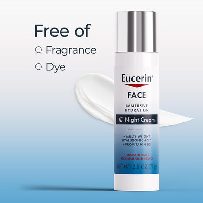 Eucerin Face Immersive Hydration Night Cream with Hyaluronic Acid and Provitamin B5,Ultra-Lightweight Face Moisturizer Smooths Fines Lines and Wrinkles,2.5 Oz Bottle,(Pack of 2)