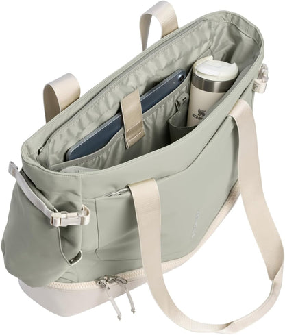 STANLEY Vitalize Tote| Gym, Work & Travel Bag with Laptop Sleeve | Expandable Bottom Compartment | Tumbler & Water Bottle Pockets | Durable Recycled Fabric | Sage Grey