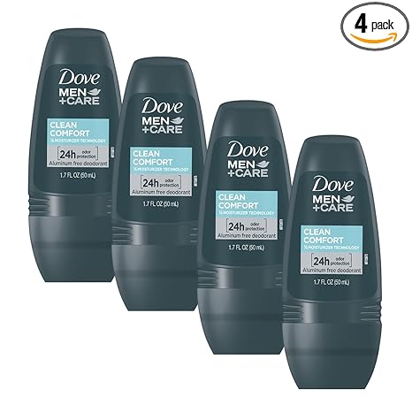 Dove Men+Care Clean Comfort Roll on Deodorant, Aluminum Free, For All Day Underarm Odor Protection, 4-Pack, 1.7 Fl Oz Each, 4 Bottles