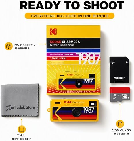 Kodak Charmera Keychain Digital Camera Blind Box, Single Box 1PC – Bundled with Tudak Store Microfiber Cloth, 32GB MicroSD Card & Adapter – 1.6MP Digicam, Video Recording, Gift for Teens & Adults