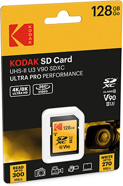 Kodak 128GB UHS-II U3 V90 Ultra Pro SDXC Memory Card - Up to 3000MB/s Read Speed and 270MB/s Write Speed