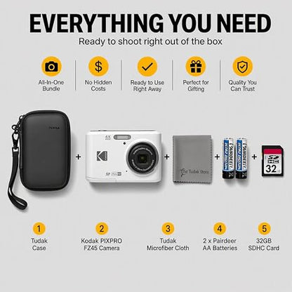 Kodak PIXPRO FZ45 Digital Camera Blue, 16MP Point & Shoot with 4X Optical Zoom, 27mm Wide Angle, 2.7 Inch LCD, 1080p Video Bundle with Tudak Compatible Camera Case 32GB SD Card, & Microfiber Cloth