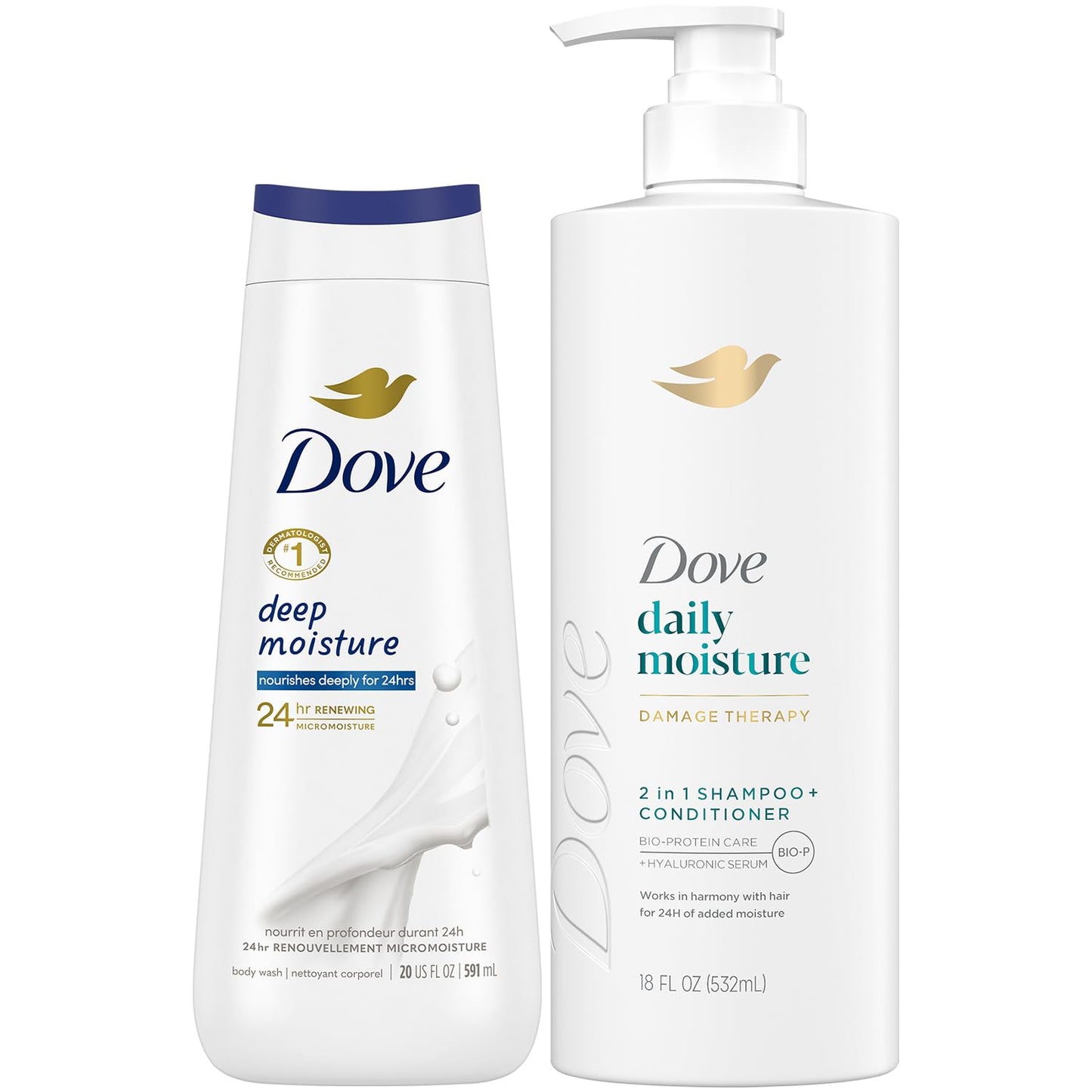 Dove 2-in-1 Shampoo & Conditioner, Daily Moisture Body Wash – Deep Hydration for Revitalizing Dry Hair and Skin (2 Piece Set)