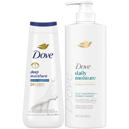 Dove 2-in-1 Shampoo & Conditioner, Daily Moisture Body Wash – Deep Hydration for Revitalizing Dry Hair and Skin (2 Piece Set)