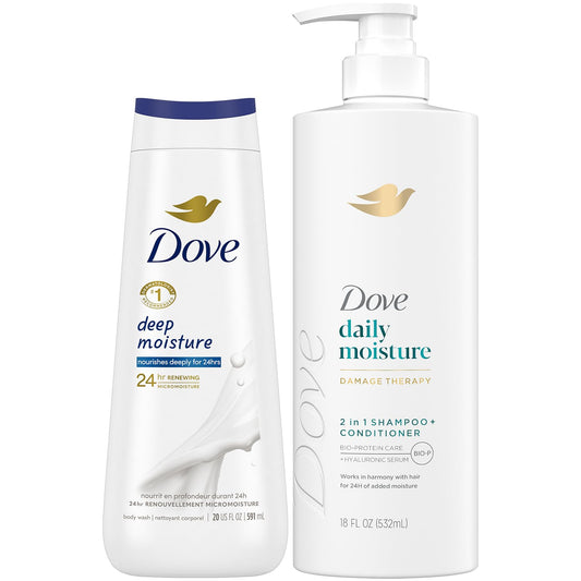 Dove 2-in-1 Shampoo & Conditioner, Daily Moisture Body Wash – Deep Hydration for Revitalizing Dry Hair and Skin (2 Piece Set)