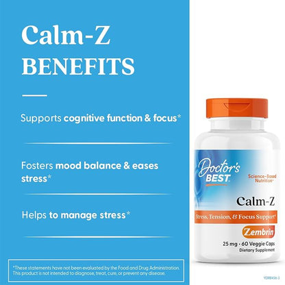 Doctor's Best Calm-Z, for Men & Women Calm & Focus Support, 60 Veg Caps