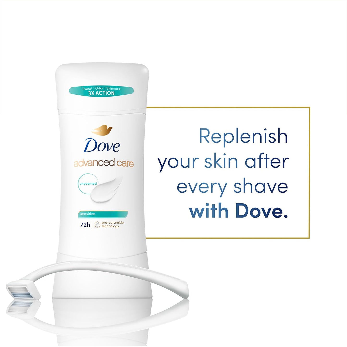 Dove Advanced Care Antiperspirant Deodorant, Sensitive, Unscented 3-Pack – 72 Hours of Odor & All Day Wetness Protection, 2.6 Oz Ea