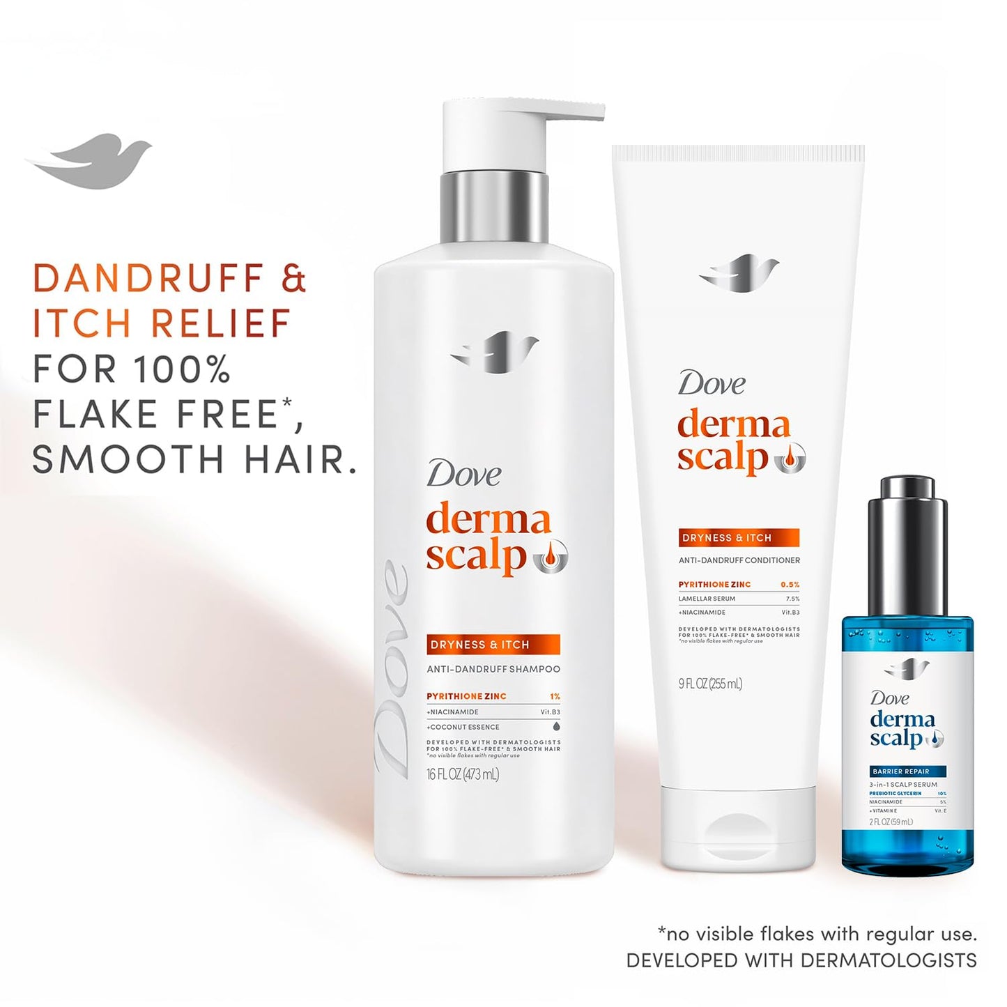 Dove Derma Scalp Anti-Dandruff Shampoo, Conditioner + 3-in-1 Scalp Serum – Dandruff & Itch Relief Treatment with 1% Pyrithione Zinc, Niacinamide