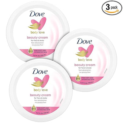 Dove Body Love Beauty Cream, Lightweight, Fast-Absorbing Face and Body Cream for Normal to Dry Skin, 24-Hour Moisture, Luxuriously Scented Face Cream, Hand & Body Lotion, 5.07 Fl Oz (Pack of 3)
