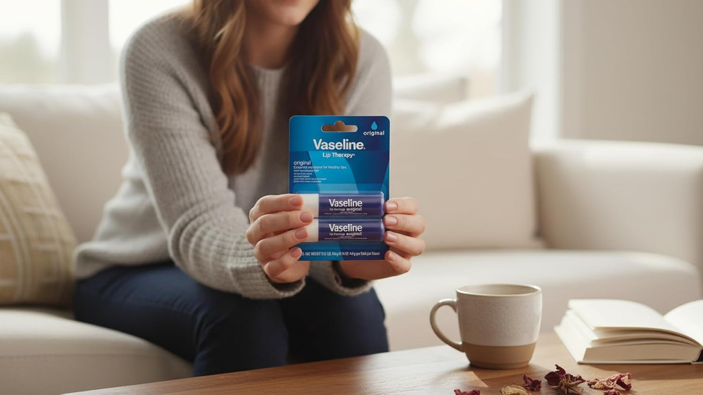 Vaseline Lip Therapy Care Original, Fast-Acting Nourishment, Ideal for Chapped, Dry, Cracked, or Damaged Lips, Lip Balm, 2-Pack of 2, 0.16 Oz Each, 4 Lip Balms