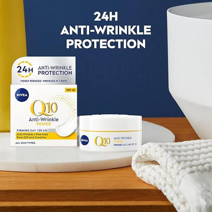 NIVEA Q10 Power Anti-Wrinkle Protecting Day Cream with Coenzyme Q10 & Creatine – 50 ml Lightweight Anti-Age Face Moisturizer for Firmer, Smoother Skin