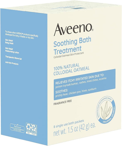 Aveeno Fragrance Free Soothing Bath Treatment, 100% Natural Colloidal Oatmeal, Sensitive Skin Bath Soak for Relief of Dry, Itchy, Irritated Skin Due to Eczema & Hives, Bath Packets, 8 ct. (Pack of 2)