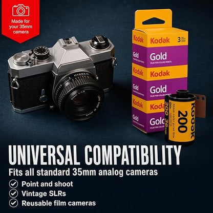 Kodak Gold 200 35mm Film Bundle, 3 Rolls, 36 Exposures Each, for 35mm Film Camera Includes Tudak Premium Microfiber Cloth