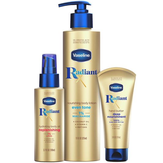 Vaseline Radiant X Skin Care Set -Even Tone Nourishing Body Lotion with 1% Niacinamide &Hydrating Body Oil with One Percent Lipids +Deep Nourishment Hand Butter with 100% Pure Shea Butter(3 Piece Set)