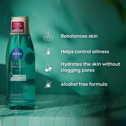 NIVEA Derma Skin Clear Toner/Cleansing Lotion for Skin Prone to Imperfections, 200 ml – a gentle facial toner designed to help balance, cleanse, and refresh look prone to blemishes and excess oil