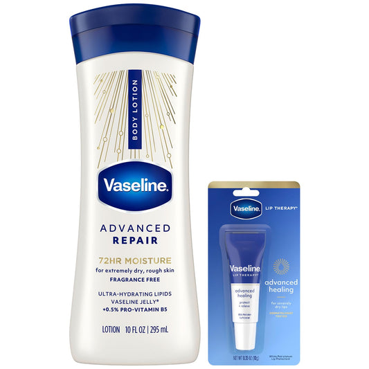 Vaseline Intensive Care Lotion, Unscented, Advanced Repair – Non-Greasy Moisturizer for Extremely Dry Skin + Professional Lip Therapy Tube