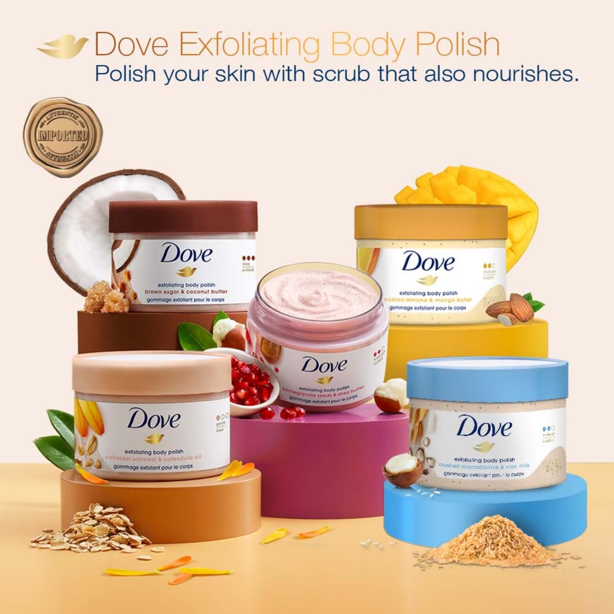 Dove Exfoliating Body Polish Scrub for Silky Skin Oatmeal & Calendula Oil Body Scrub Exfoliates & Gives Lasting Nourishment 10.5 oz