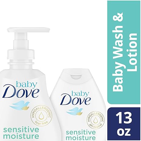 Dove Baby Sensitive Skin Care Bundle – Hypoallergenic Wash & Baby Lotion, Fragrance Free Moisture, Gift Set, 13 Oz Ea (2 Piece Set)