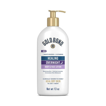Gold Bond Healing Overnight Body & Face Hydrating Lotion for Dry Skin | Dry skin lotion, nongreasy moisturizer with Hyaluronic Acid, Aloe & Melatonin works while you sleep, 13 oz