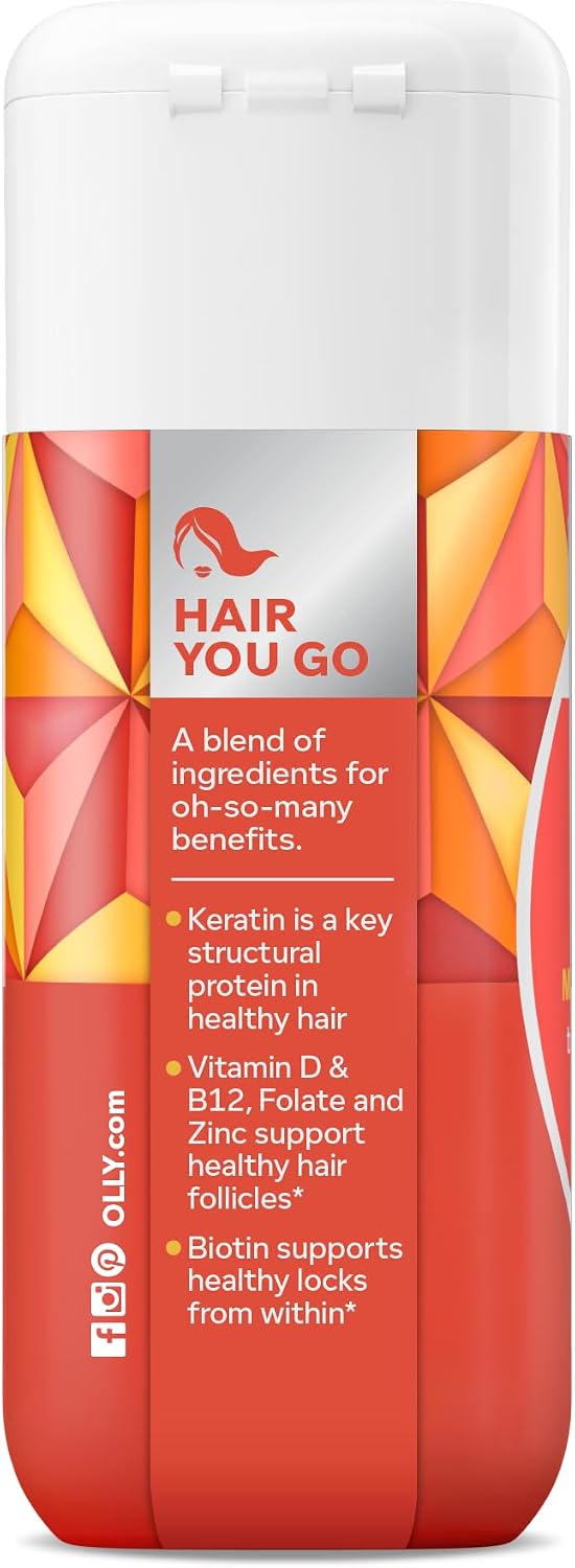 OLLY Ultra Strength Hair Softgels,Supports Hair Health,Biotin,Keratin,Vitamin D,B12,Hair-Supplement,30 Day Supply - (Packaging May Vary),30 Count (Pack of 2)