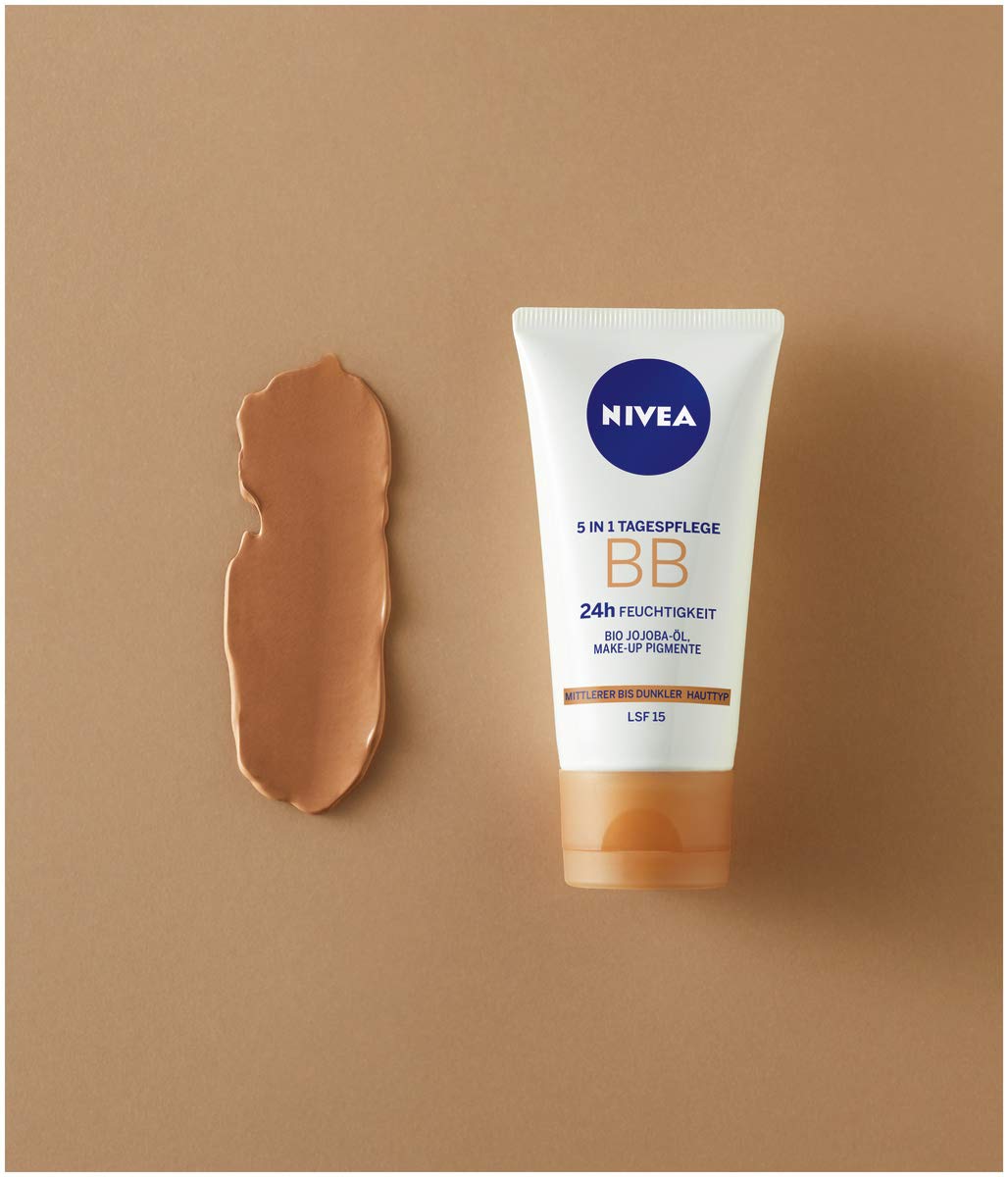 NIVEA BB Cream for Face, Hydrating Tinted Daily Moisturizer with Natural Coverage for Medium to Dark Skin Tones, Lightweight Skin-Perfecting Cream with Minerals, Jojoba Oil and Pro-Vitamin B5, 50 ml