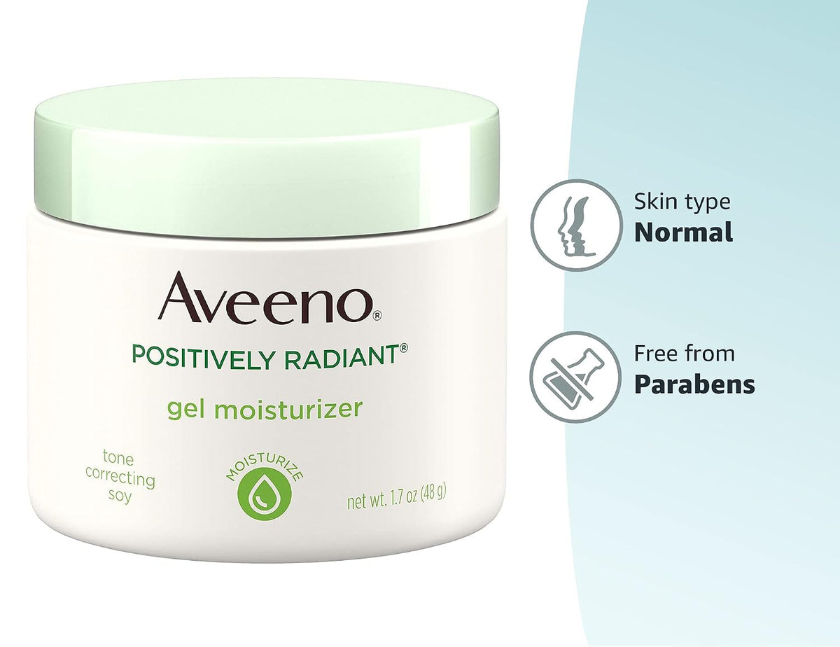 Aveeno Positively Radiant Daily Gel Facial Moisturizer with Hyaluronic Acid & Tone-Correcting Soy,Hydrating & Brightening Gel Face Cream Evens Skin Tone-& Texture,Hypoallergenic,1.7 oz,(Pack of 2)
