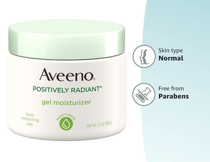 Aveeno Positively Radiant Daily Gel Facial Moisturizer with Hyaluronic Acid & Tone-Correcting Soy,Hydrating & Brightening Gel Face Cream Evens Skin Tone-& Texture,Hypoallergenic,1.7 oz,(Pack of 2)