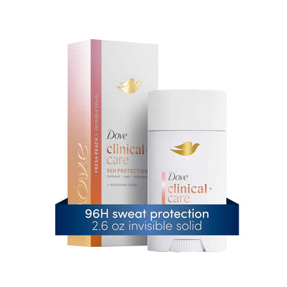 Dove Clinical + Care Antiperspirant Deodorant Stick for Women, 96H Clinical Strength Sweat & Odor Protection, With Nourishing Serum, Fresh Peach with Fruity Scent, 2.6 oz