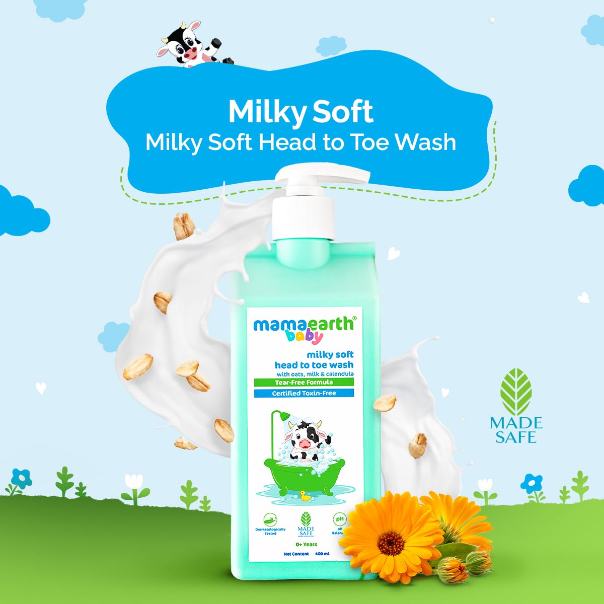 MAMAEARTH Milky Soft Head to Toe Wash with Oats, Milk & Calendula, 400ml | Head to toe wash formulated with oats, milk, and calendula.