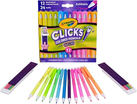 Crayola Clicks 2.0mm Mechanical Colored Pencil Set, 12 Neon Colors, Coloring Pencils for Kids, No Sharpen, 24 Replacement Cores, Ages 5+