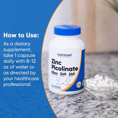 Nutricost Zinc Picolinate 50mg, 240 Vegetarian Capsules - Gluten Free and GMO-Free (240 Caps) (Pack of 2)
