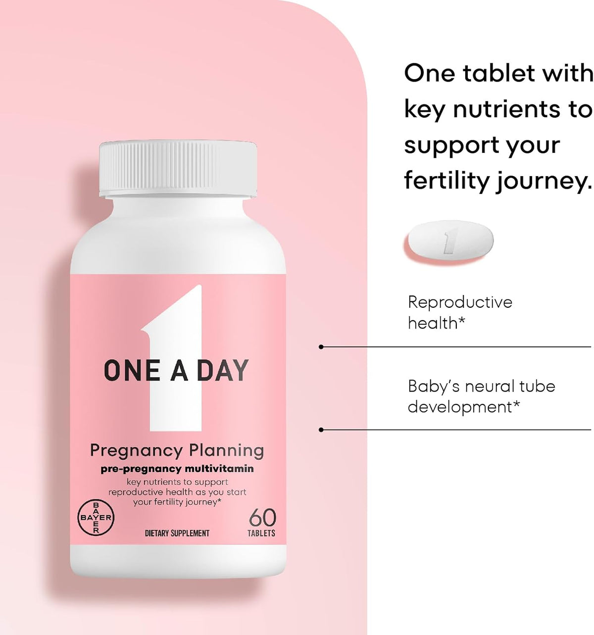 One A Day Pregnancy Planning Prenatal Multivitamin for Women, Pre Pregnancy Vitamins for Women with Methylfolate, Folic Acid, Zinc, Vitamin B12 & Vitamin D to Support Reproductive Health, 60 Tablets