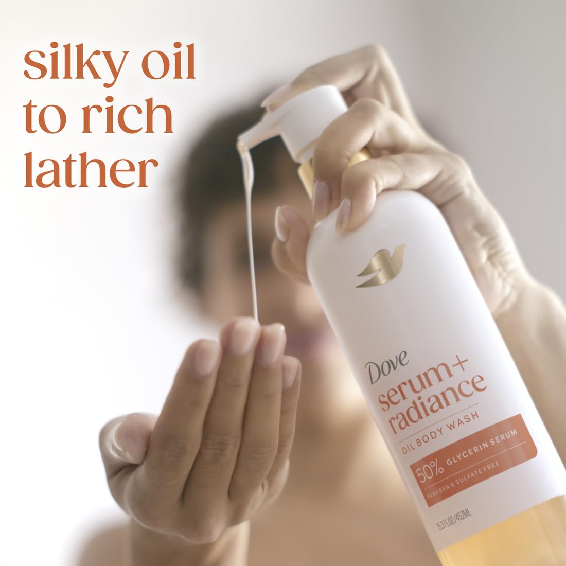 Dove Serum+ Shower Oil Body Wash Radiance, Jojoba & Monoi Flower, 15.3 fl oz I Hydrating shower oil body wash with glycerin serum for soft, radiant skin without greasy residue.
