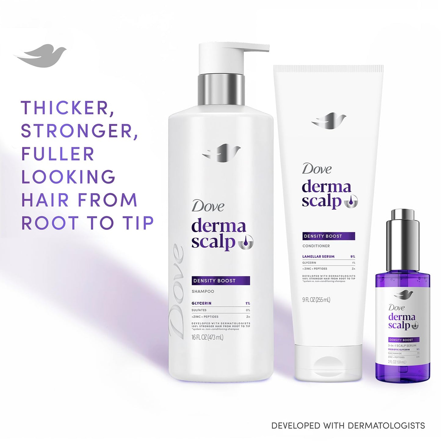 Dove Derma Scalp Thickening Shampoo, Conditioner + Fullness Restore Scalp Serum – Density Boost with Niacinamide, Glycerin, Zinc & Peptides